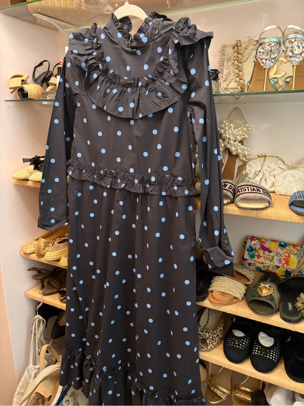 Ganni Black Midi Dress with Light Blue Polka Dots and Ruffle Trim